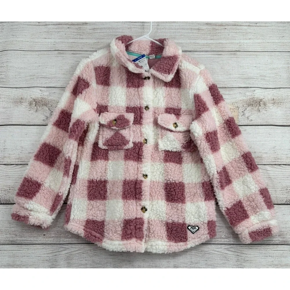 Roxy Shirt Jacket Kids Size L 14/16 Pink Plaid Sherpa Fleece Shacket 25ROFHB03X